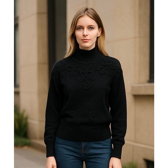 Vintage Ossi Skiwear Turtleneck Sweater Black Wool Blend Embroidered Size Small - Picture 1 of 7